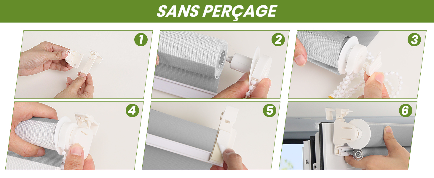 Guide d'installation en six étapes pour une tringle à rideau sans perçage. Les images montrent des mains illustrant le processus de fixation de la tige à un mur à l'aide de bandes adhésives.