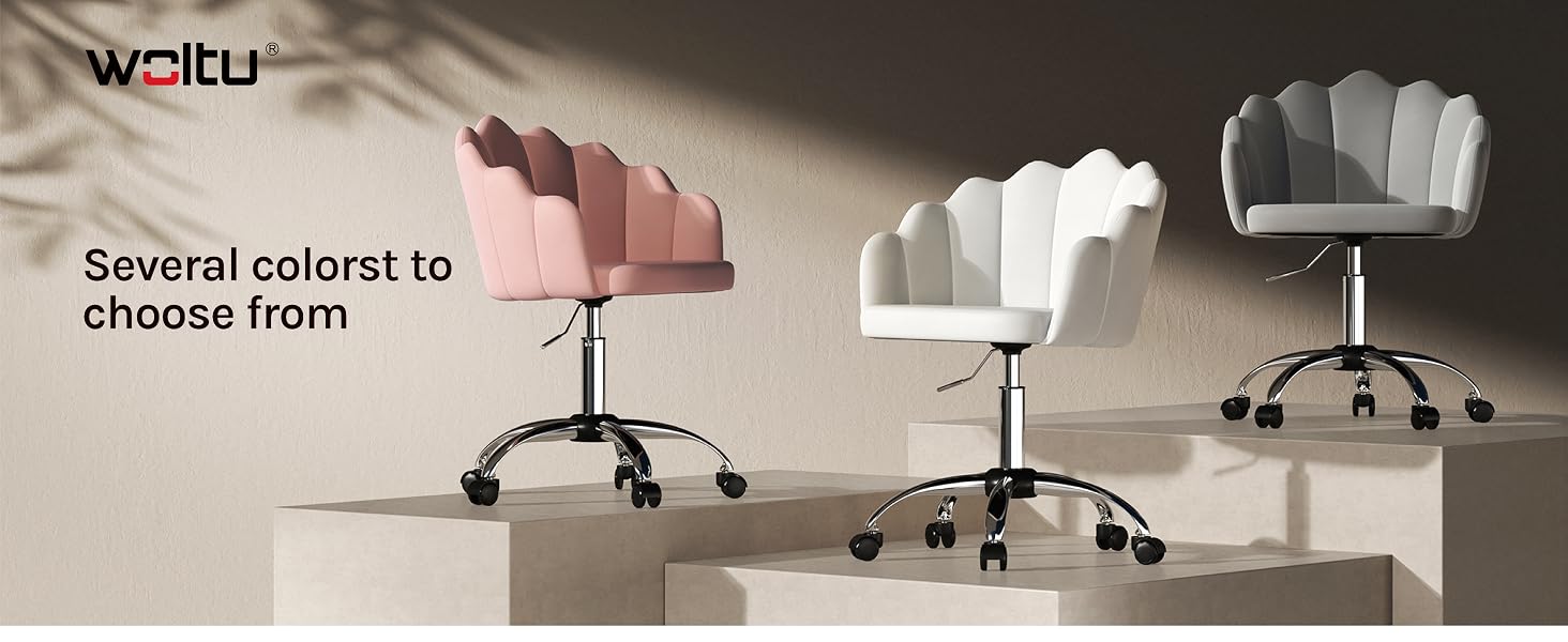 Text reads: 'Several colors to choose from'. Display of office chairs in pink, white, and grey colors with wheeled bases and adjustable heights.