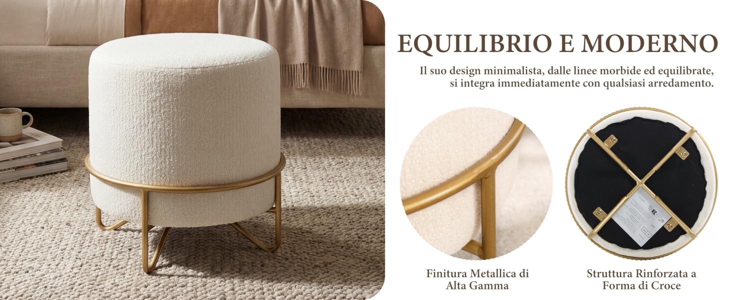 Il testo recita «EQUILIBRIO E MODERNO». Raccolta di foto di prodotti lifestyle con mobili color crema e oggetti di arredamento per la casa su sfondi neutri.