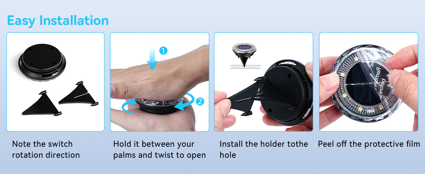 Text reads 'Easy Installation'. Four-step installation guide showing black device mounting process with protective film removal in sequential instruction panels.