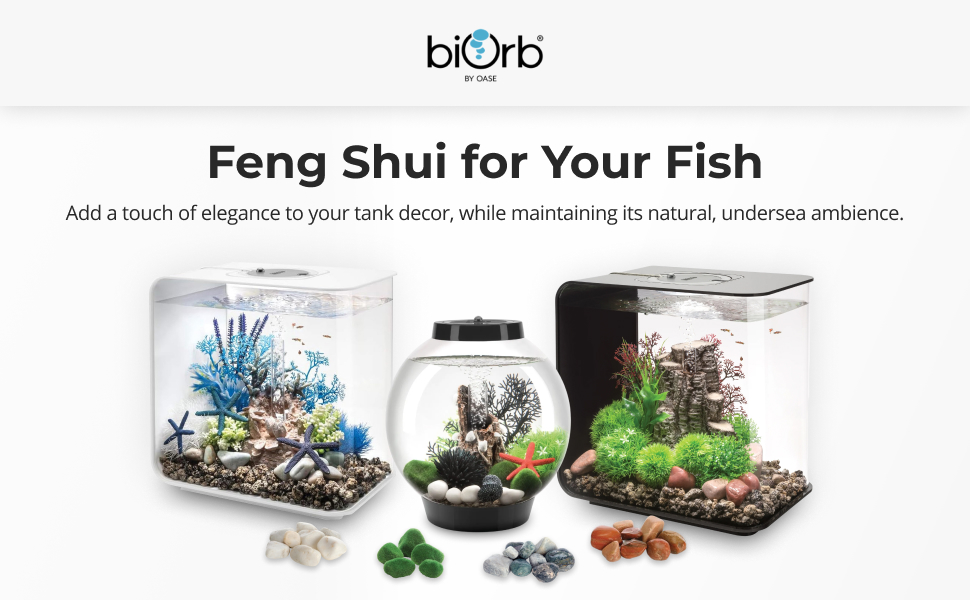 Text reads 'Feng Shui for Your Fish'. Aquarium decorations including rocks, plants, and ornaments arranged in product display format.