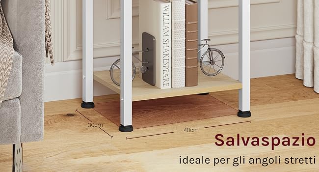 Diagramma delle dimensioni dei mobili salvaspazio che mostra le misure di 40 cm, con pali di supporto bianchi e dettagli di montaggio a pavimento. Prodotto etichettato