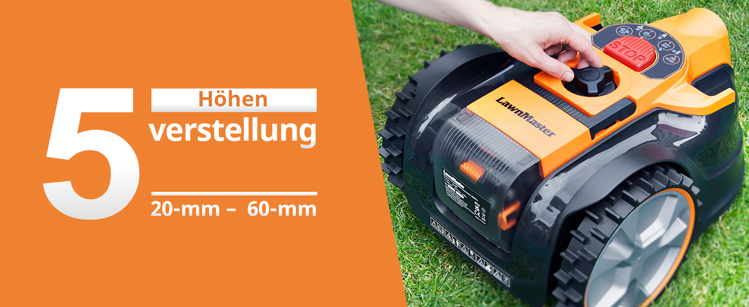 Nahaufnahme eines orange-schwarzen Rasenmähers mit Text, der 5 Höheneinstellungen im Bereich von 20 mm bis 60 mm angibt