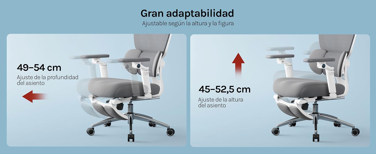 El texto dice «Gran adaptabilidad», «ajustable en altura», «de 49 a 54 cm», «45-52,5 cm», «Altura ajustable de 45 a 52,5 cm». Dos vistas una al lado de la otra de una silla de oficina gris con indicadores de rango de ajuste de altura y flechas rojas que muestran las especificaciones de altura ajustable del asiento.