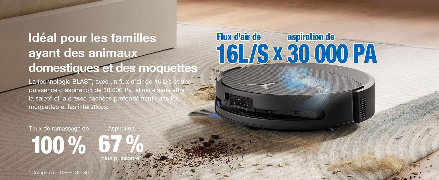 Le texte indique « 16 L/S x 30 000 PA ». Aspirateur robot présenté sur un tapis, avec les spécifications techniques affichées.