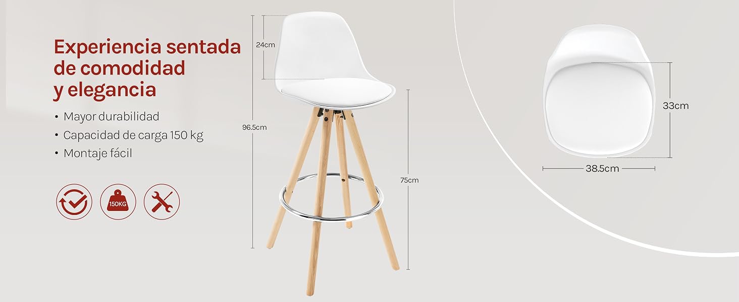 blanco con patas y respaldo de madera. Se muestran las dimensiones del producto. Los iconos indican características de confort. El texto en español describe la experiencia de confort sentado.