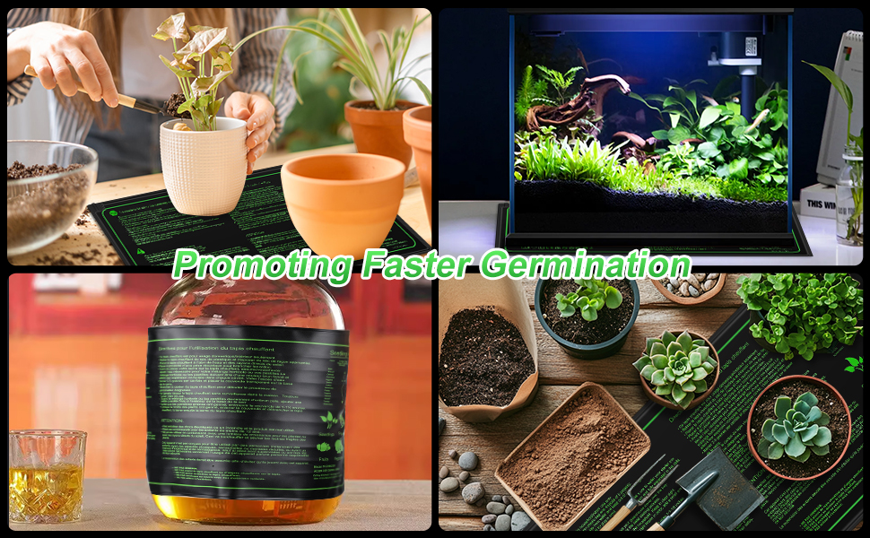 Collage de imágenes de jardinería y cuidado de plantas que muestra plantas en macetas, un acuario y equipo de preparación de suelo enfocado en la germinación de plantas