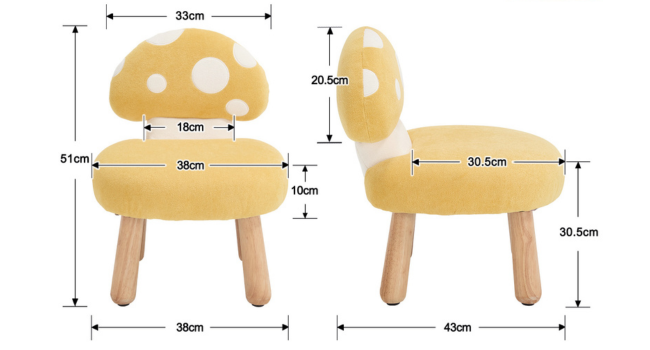 Technische Zeichnung mit Abmessungen und Maßen des Kindermöbelstücks in beige/gelber Farbe, dargestellt aus mehreren Blickwinkeln mit genauen Maßen.