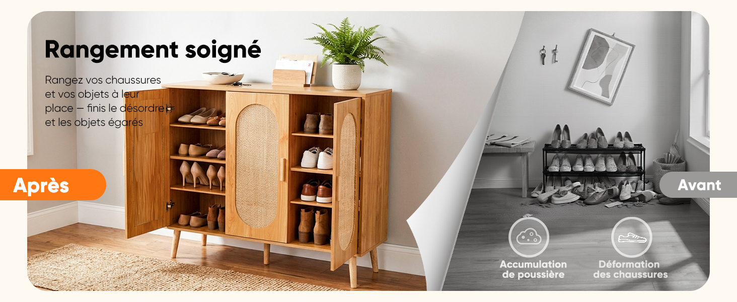 Le texte se lit comme suit : « Rangement soigné ». Montre une solution de rangement pour chaussures organisée avec une armoire en bois et une disposition soignée des chaussures.