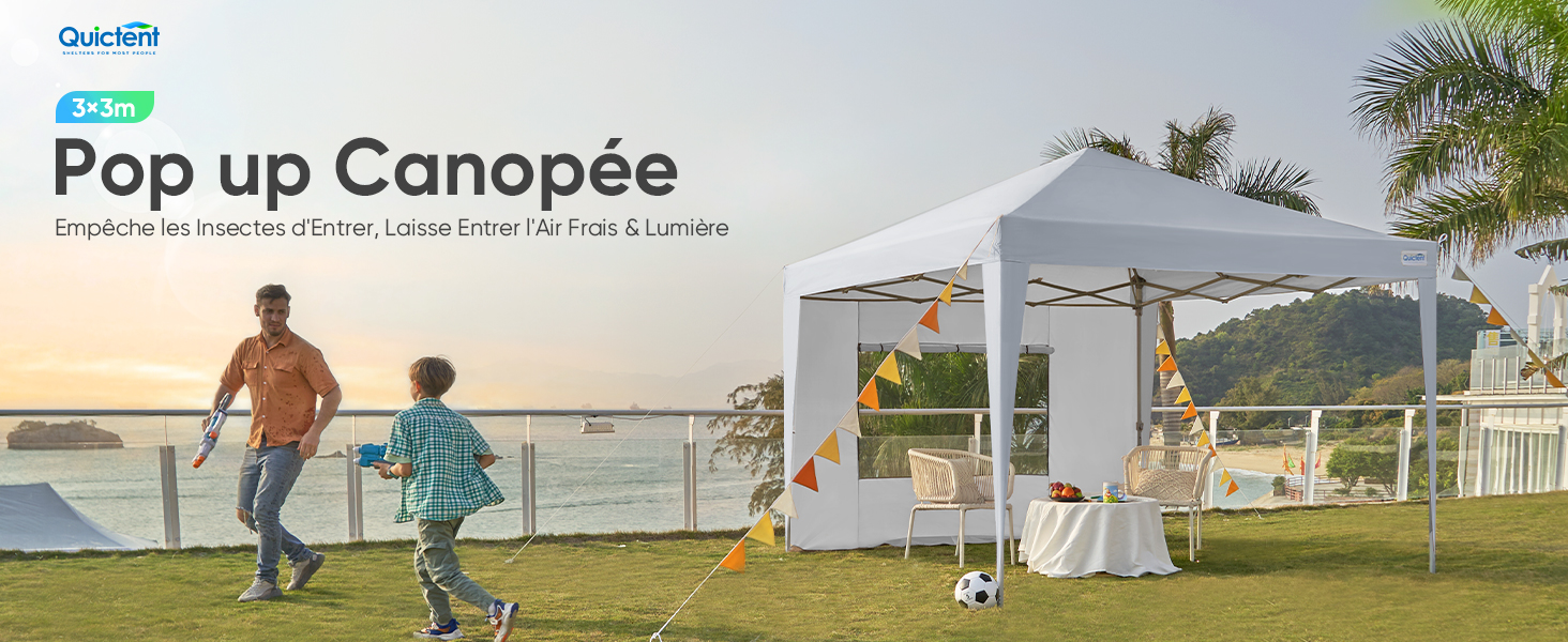 Le texte indique « Pop up Canopée ». Scène extérieure montrant un auvent portatif ou une structure d'ombrage installée sur l'herbe avec une vue sur la plage/l'eau en arrière-plan.
