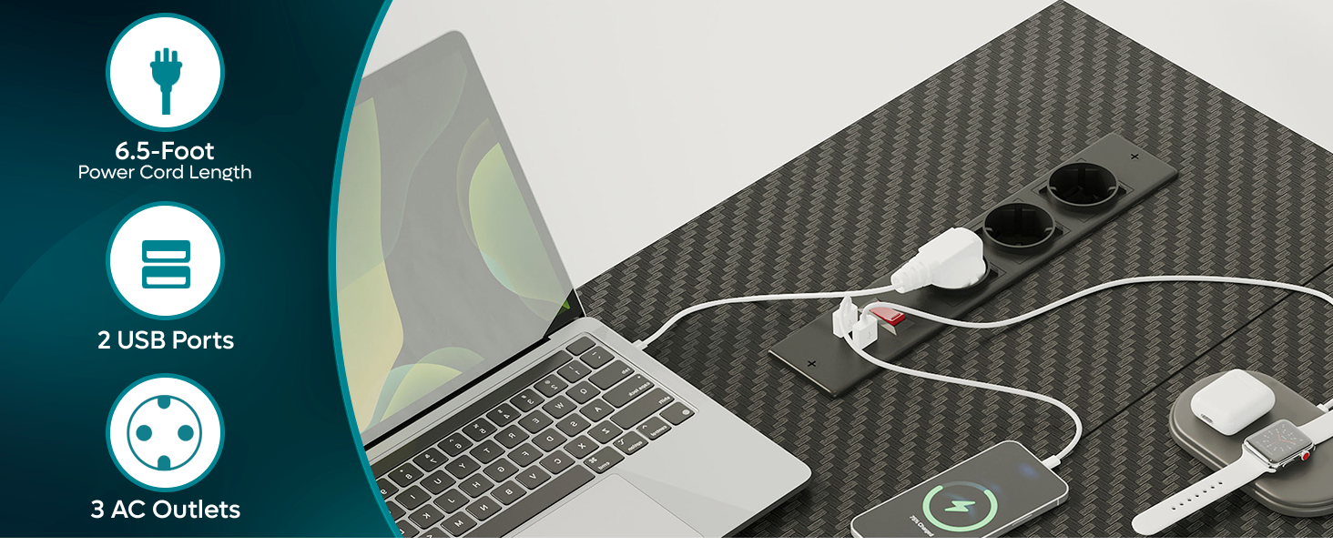 Configuration de multiprise avec cordon de 2 mètres, 2 ports USB et 3 prises CA, montrée connectée à un ordinateur portable et à d'autres appareils.
