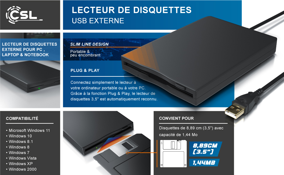 CSL - Externes USB-Diskettenlaufwerk - 1,44 MB FDD