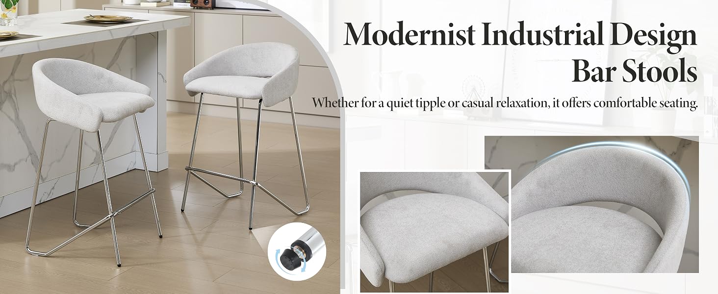 Text reads 'Modernist Industrial Design Bar Stools'. Multiple views of minimalist gray bar stools with metal frames and upholstered seats against white backgrounds.