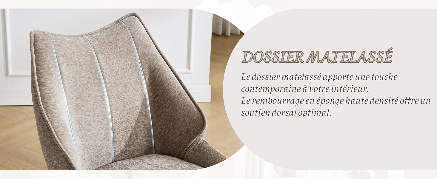 Le texte se lit comme suit : « DOSSIER MATELASSÉ ». Rembourrage matelassé gris présenté sous plusieurs angles, illustrant le motif texturé et les détails du matériau.