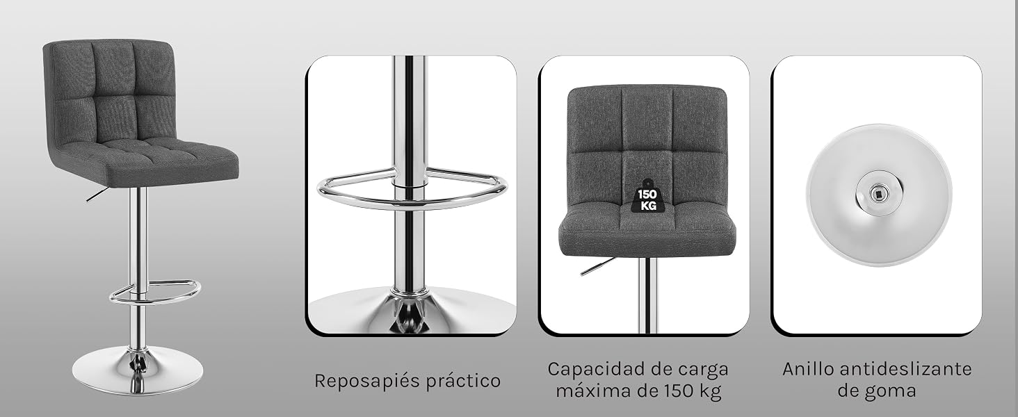 con acolchado capitoné y base cromada, que se muestra con detalles técnicos en varias