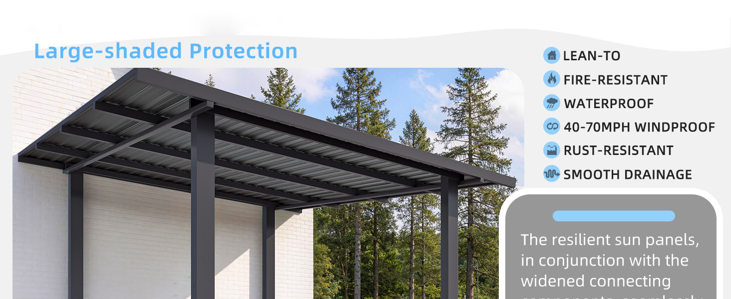 Der Text lautet „Große Pergola“, „LICHTBESTÄNDIG“, „WASSERDICHT“, „KORROSIONSBESTÄNDIG“, „ROSTBESTÄNDIG“, „GLATTE DEKORATION“. Pergola-Struktur aus schwarzem Metall mit Dachpaneelen im Außenbereich mit Bäumen.