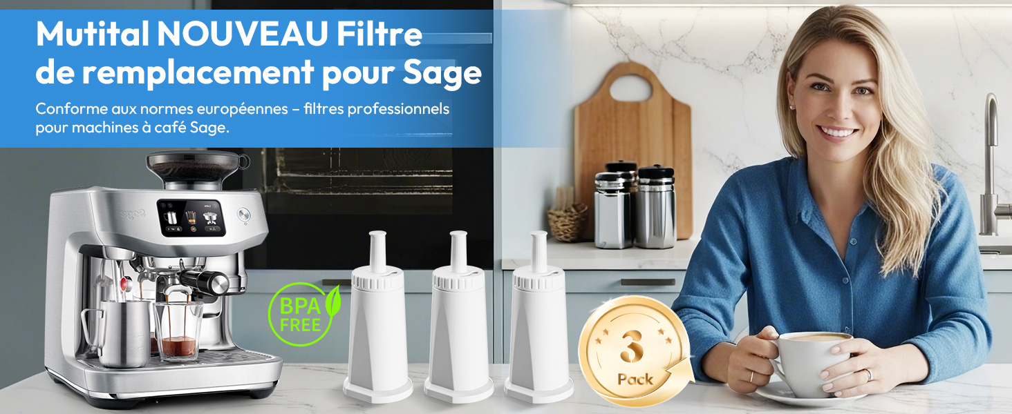 Le texte indique « Mutital NOUVEAU Filtre de remplacement pour Sage ». Plans rapprochés du filtre d'une machine à café avec démonstration de son utilisation.