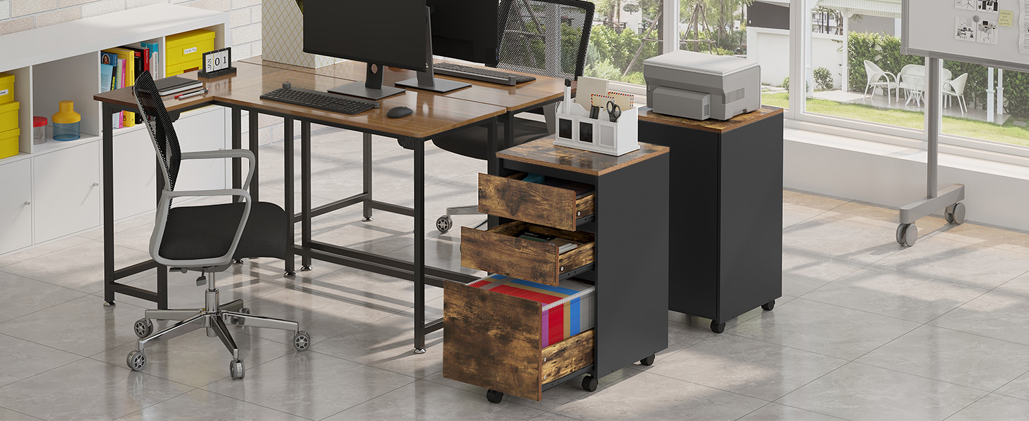 L-shaped office desk setup with black metal frame, wood top, and matching mobile storage cabinet in modern office space.
