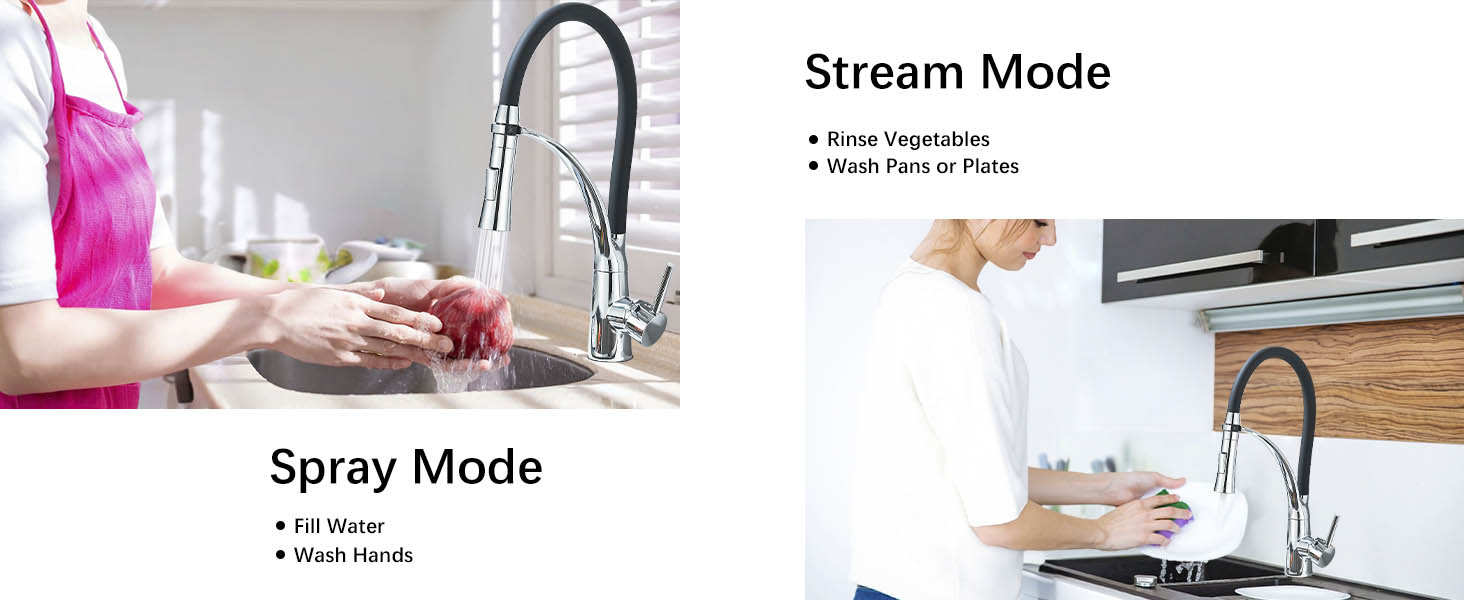 Der Text lautet „Stream-Modus“ und „Sprühmodus“. Vorführung einer Küchenarmatur, die den Wasserfluss in zwei verschiedenen Modi zeigt. Die Bedienung wird mit den Händen demonstriert.