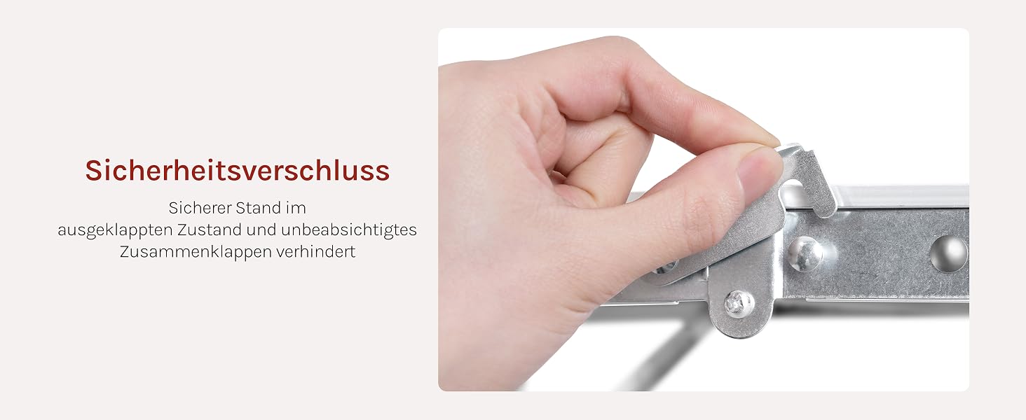 Der Text lautet „Sicherheitsverschluss“. Nahaufnahme einer Handbedienung einer Sicherheitsverriegelung oder eines Verschlussmechanismus aus Metall.