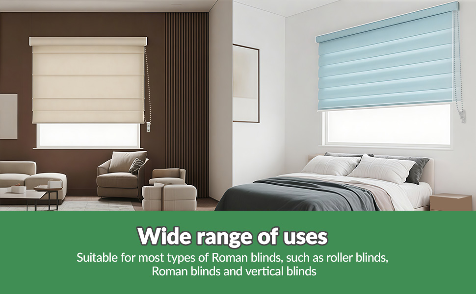 Text reads 'Wide range of uses' and 'Suitable for most types of Roman blinds, as well as roller blinds, Roman blinds and vertical lines'. Interior rooms showing various window treatments.