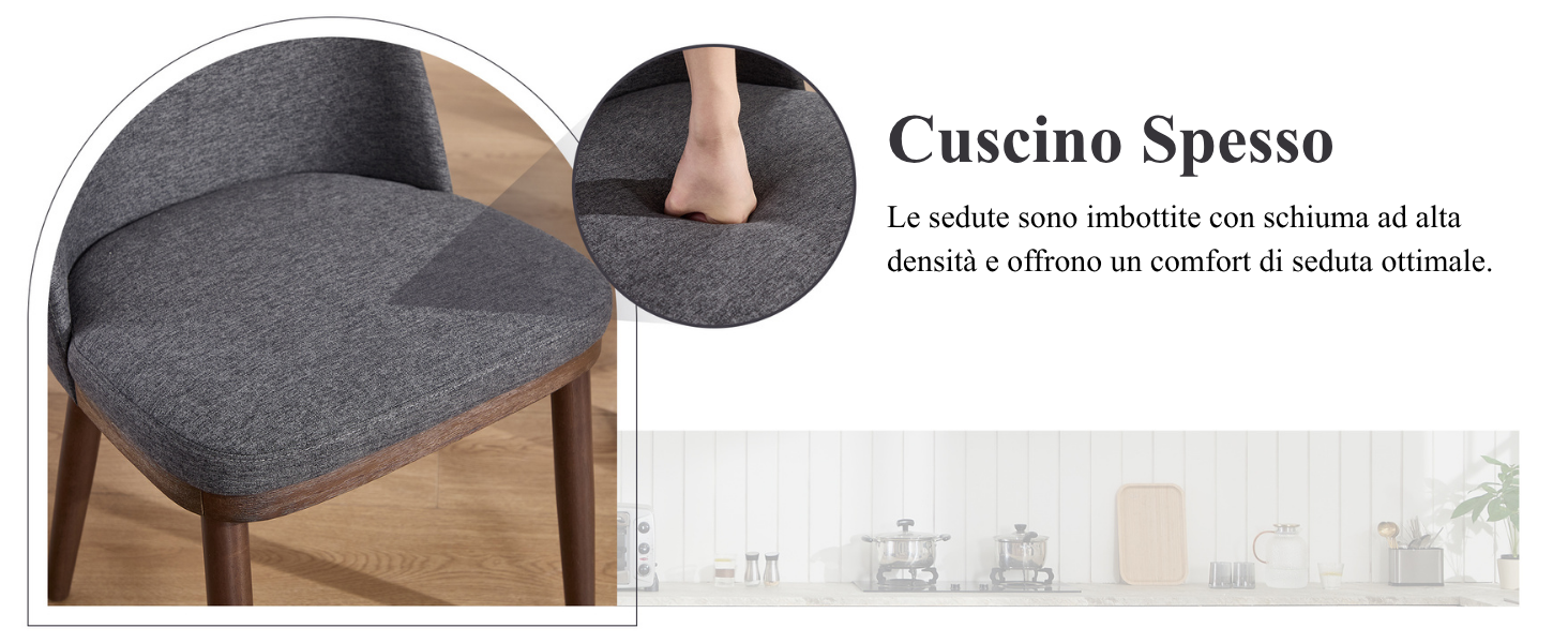 Il testo recita «Cuscino Spesso». Cuscino per sedia imbottito grigio raffigurato sulla struttura della sedia in legno su sfondo neutro.