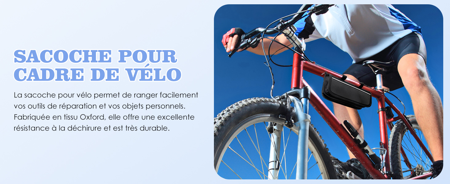 Cycliste en VTT avec cadre bleu, en se concentrant sur la zone du guidon. Le texte ci-dessus en français décrit un sac de cadre de vélo pour un accès facile aux effets personnels pendant la conduite.