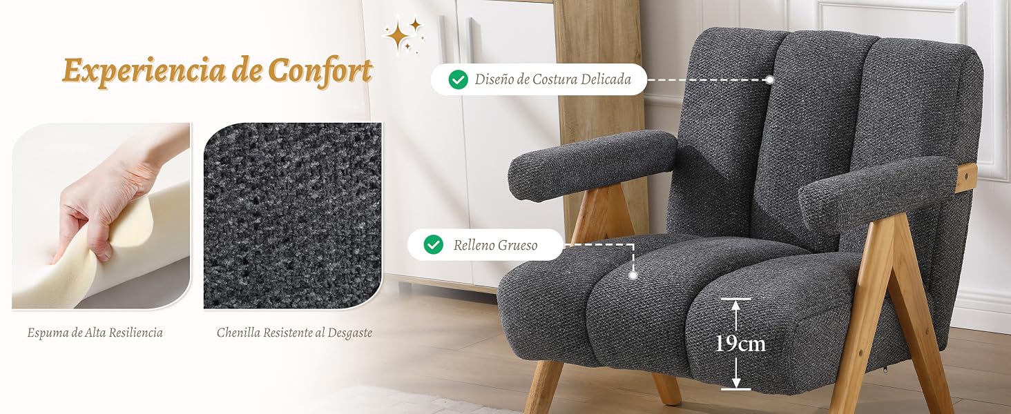 El texto dice «Experiencia de Confort». Idéntico a la imagen 5: sillón tapizado gris con patas de madera que se muestran desde varios ángulos.