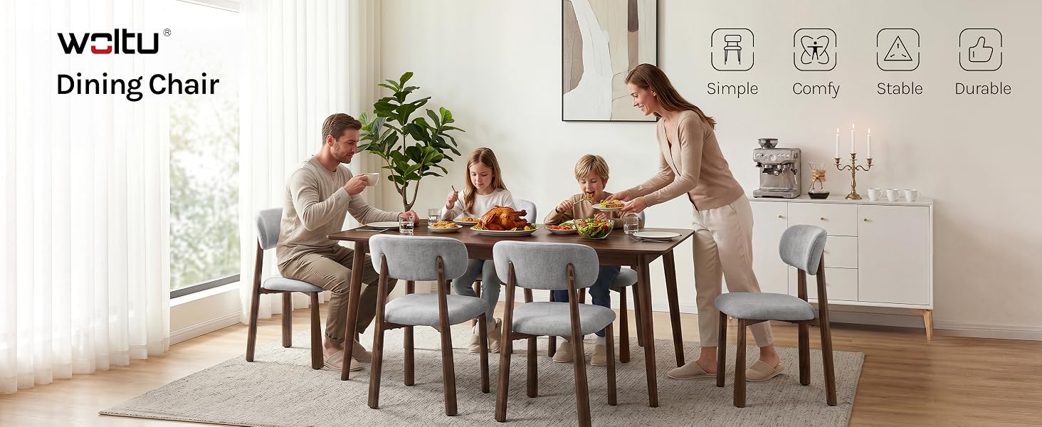 Text reads 'WIDU Dining Chair'. Minimalist dining room with wooden table, beige upholstered chairs, potted plant, and wall-mounted shelving with decorative items.