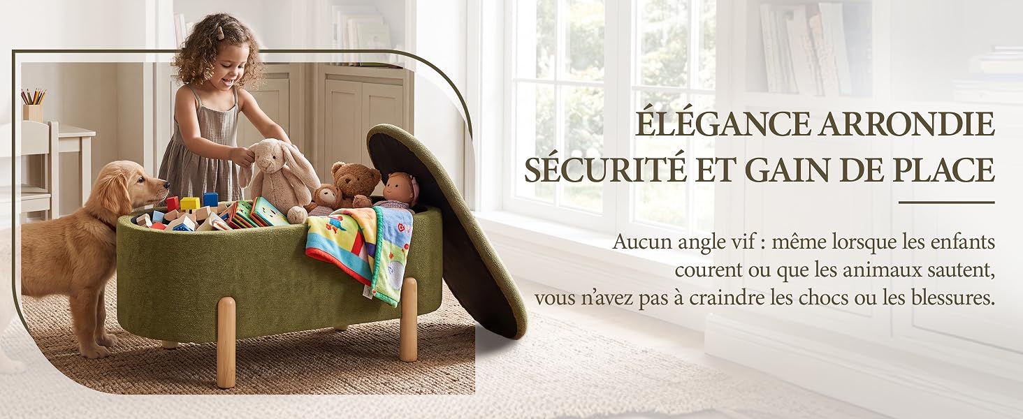 Le texte se lit comme suit : « ÉLÉGANCE CARBONDÉE », « SÉCURITÉ ET GAIN DE PLACE ». Femme assise dans une chaise incurvée moderne avec compartiment de rangement intégré, décoration intérieure stylisée.