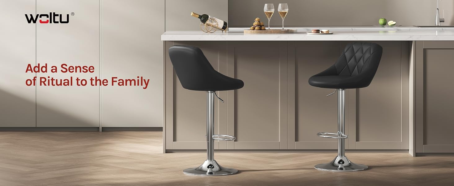 Text reads 'Add a Sense of Ritual to the Family' with 'waitu' branding. Modern interior showing two black bar stools at counter in contemporary home setting.