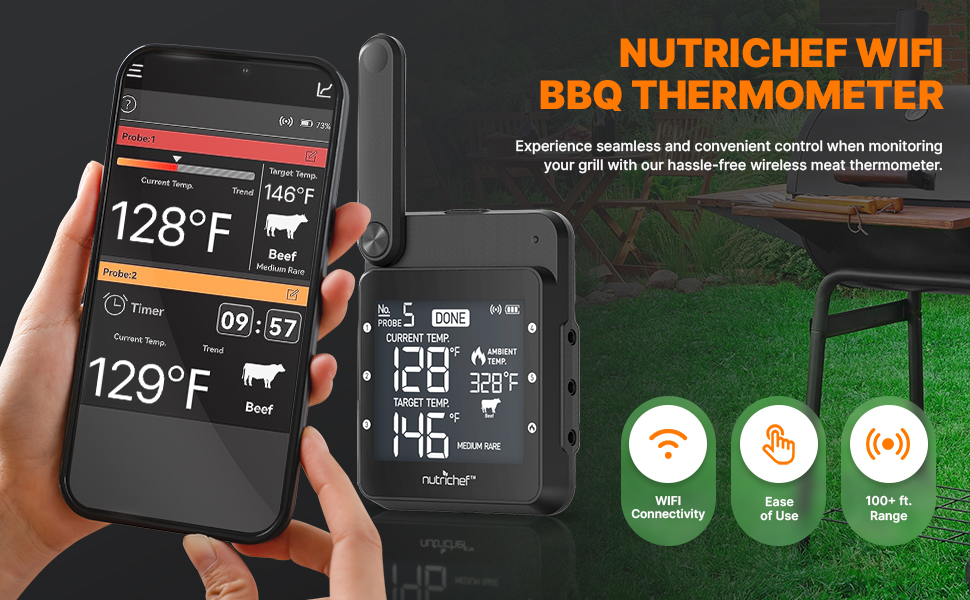 Termómetro de carne NutriChef WiFi para parrilla, sondas inteligentes duales inalámbricas, alarma de interior a exterior