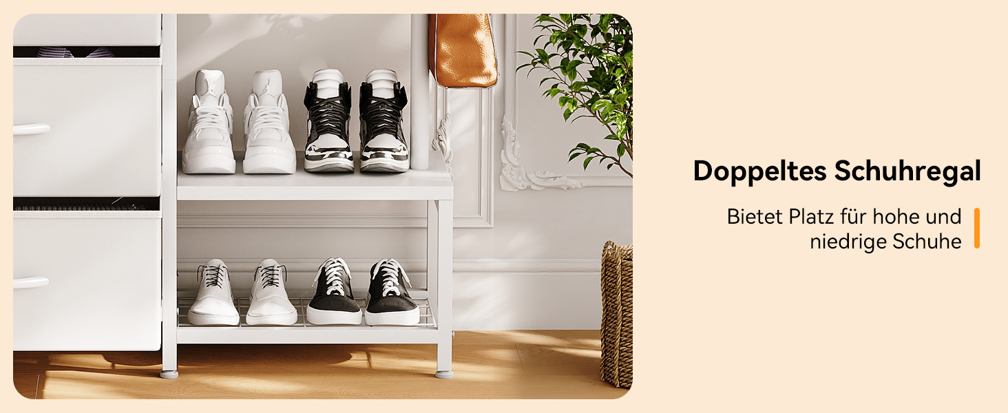 Zweistöckiges weißes Schuhregal mit mehreren Paar Sneakers. Holzboden, weiße Wände und sichtbare Zierpflanze. Der deutsche Text beschreibt das Produkt als doppeltes Schuhregal für hohe und niedrige Schuhe.