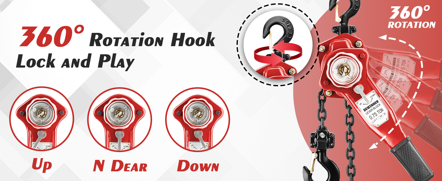 El texto dice: «Rotación de 360°, Hook Lock and Play», «Up», «N Draw», «Down». Diagrama que muestra las tres posiciones de un mecanismo de gancho giratorio con flechas direccionales rojas.