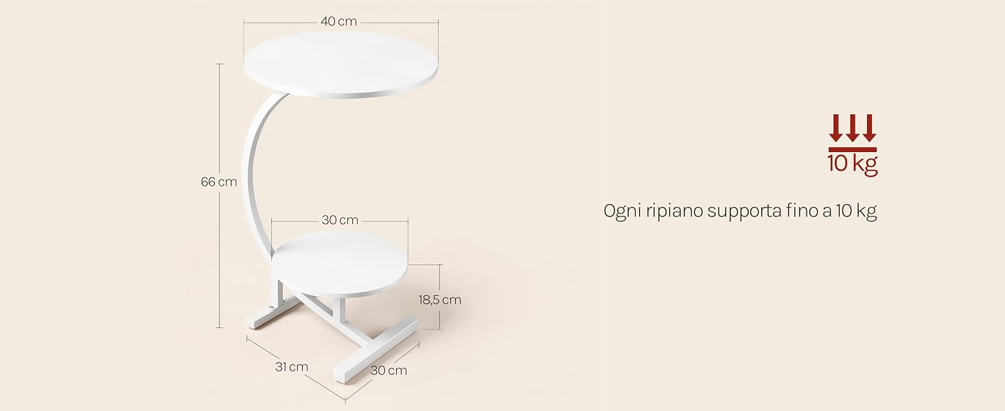 Lampada da scrivania curva bianca con braccio e base regolabili mostrati con annotazioni sulle dimensioni. Il testo recita «111" e «Ogni ripiano supporta fino a 10 kg» (ogni ripiano supporta fino a 10 kg).
