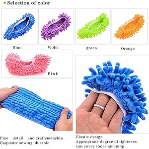 Le texte se lit comme suit : « Sélection de la couleur ». Vitrine de produits de gants de nettoyage en microfibre de différentes couleurs : bleu, violet, vert, orange, rose. Notes de texte « Détails fins et savoir-faire » et « Déchiqueteuse à gratter exquise ».