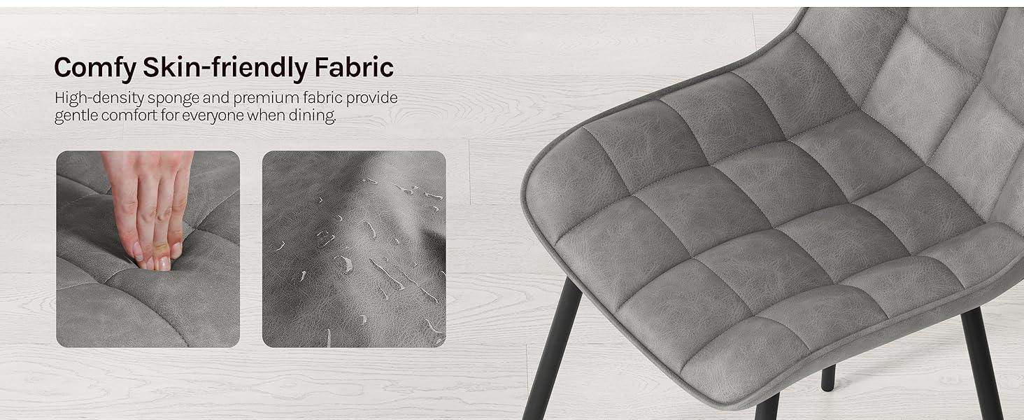 Text reads 'Comfy Skin-Friendly Fabric'. Grey quilted or padded fabric material shown in close-up detail.