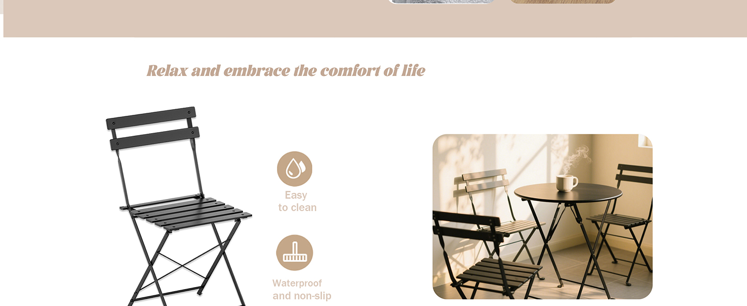 Collection de photos de produits montrant des ensembles de tables et de chaises pliantes sous différents angles et configurations, y compris des détails rapprochés et des photos d'utilisation liées au style de vie.