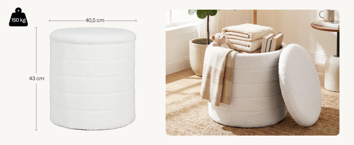 White cylindrical candle or container with beige/tan fabrics and home décor items on neutral surface.