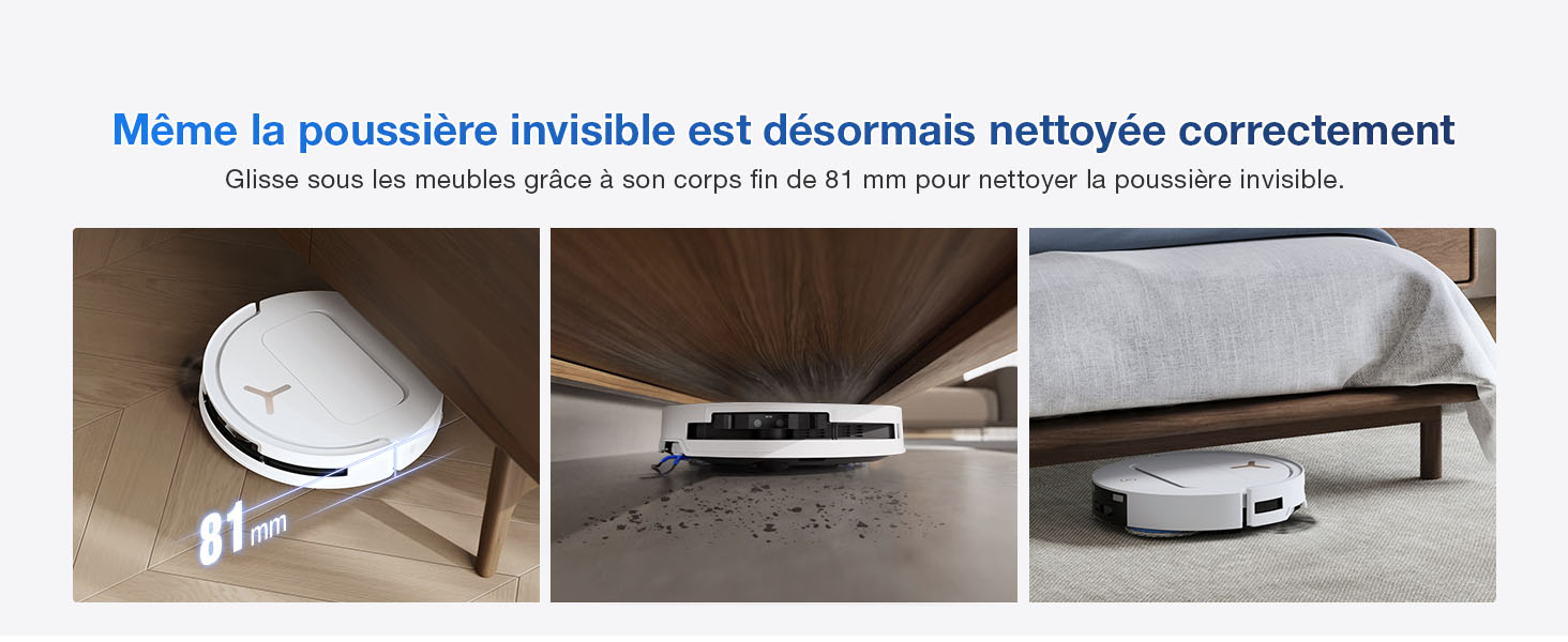 Le texte indique « Même la poussière invisible est éliminée nettoyée correctement » et « Idéal pour les surfaces à utiliser à sec ou humide ». Démonstration de produit en trois panneaux montrant un outil de nettoyage circulaire blanc muni de poils de brosse, son placement sur une surface et son application de nettoyage.