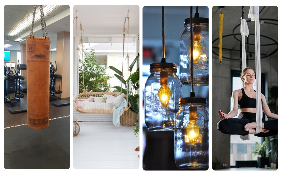 Four-panel collage of interior gym or fitness space showing hanging pendant lights, plants, and exercise equipment including suspension training straps.