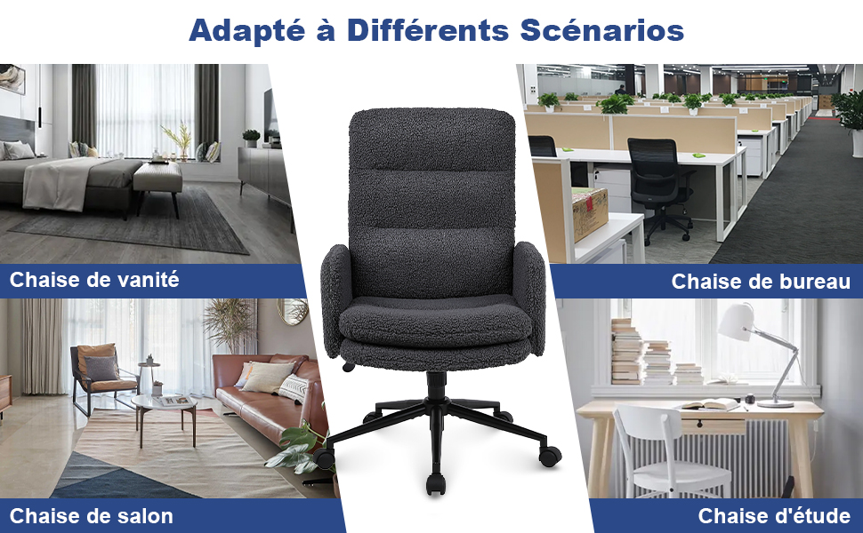 Chaise de bureau gris foncé présentée dans plusieurs configurations : coin lavabo, salon, espace bureau et espace d'étude. Dispose d'un design rembourré avec hauteur réglable.