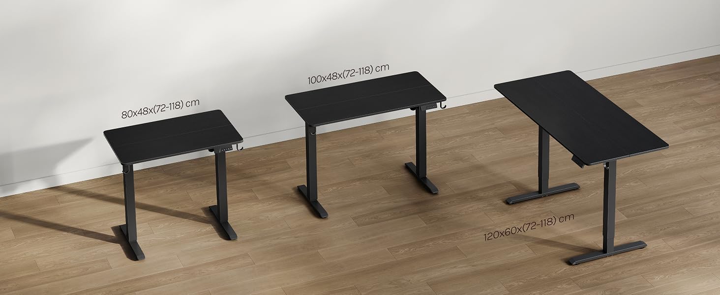 Séquence de bases de bureau ou de table réglables en hauteur en finition noire, montrées sur du parquet, affichant différentes positions d'élévation.