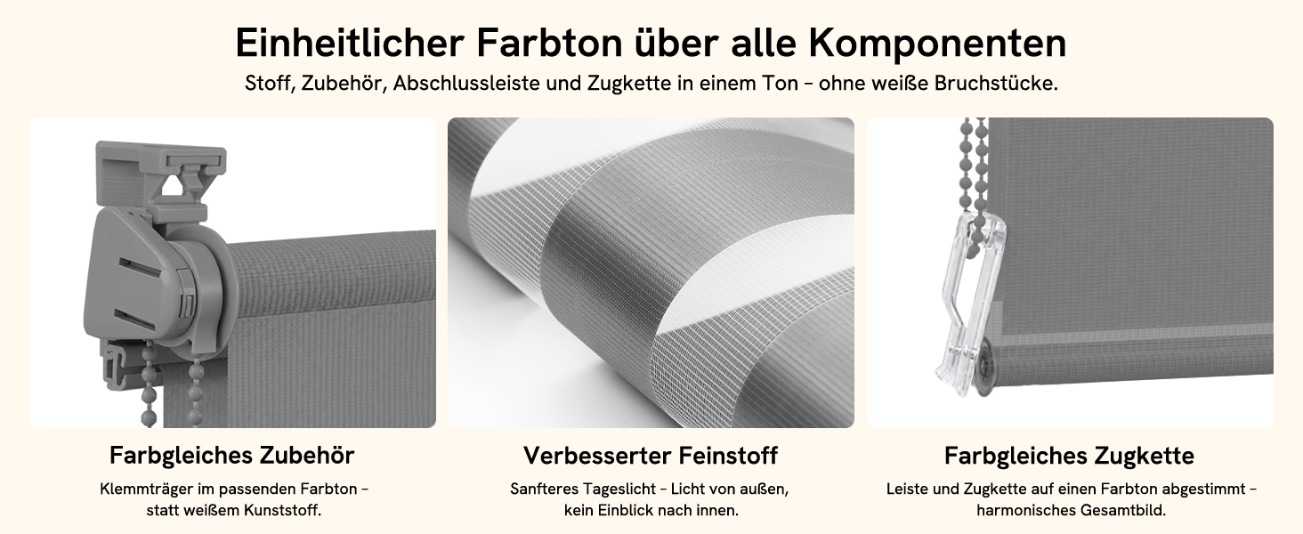 Der Text lautet „Einheitlicher Partiön über alle Komponenten“. Drei Detailbilder in Nahaufnahme zeigen die Komponenten Faltgelendes Zubehör (zusammenklappbares Zubehör), Verbesserter Partiön (verbesserte Partition) und Faltgelendes Zubehör (zusammenklappbares Zubehör).