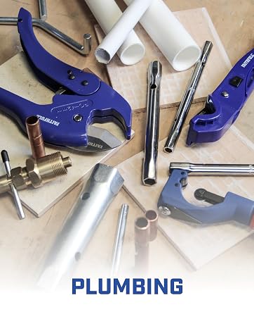 Series of plumbing tools and components including blue pipe wrenches, metal fittings, and chrome fixtures laid out on a light surface.