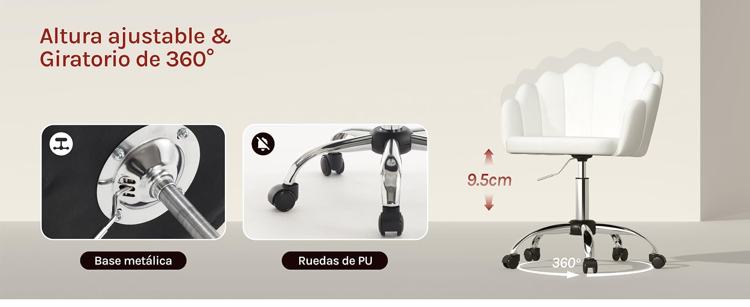 blanca con altura ajustable y giro de 360 grados. Las características incluyen un asiento acolchado, un respaldo y una base cromada con ruedas. El diagrama muestra un rango de ajuste de altura de 9,5 cm.