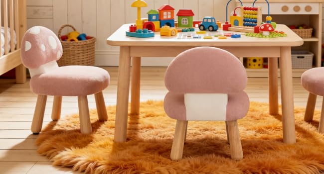 Plusieurs images séquentielles montrant des tables en bois avec des blocs de construction colorés et des jouets disposés dessus, dans un éclairage chaleureux avec une moquette beige en dessous.