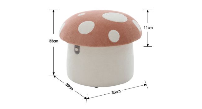 Mushroom-shaped storage container with red-brown spotted cap and white cylindrical base. Dimensions marked: 23cm height, 30cm width, 11cm cap height.