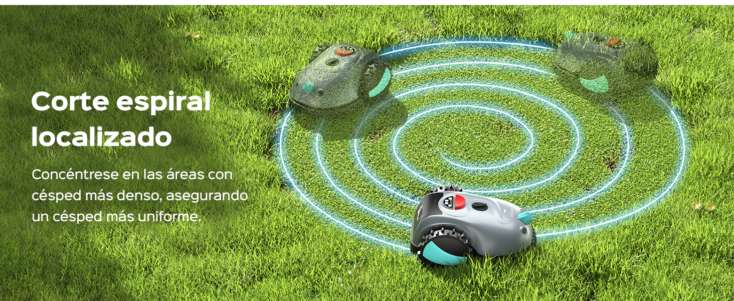 El texto dice «Corte espiral localizado». Varios paneles de demostración del producto muestran un robot cortacésped creando patrones de corte en espiral sobre el césped, ilustrados con efectos superpuestos en espiral azul.