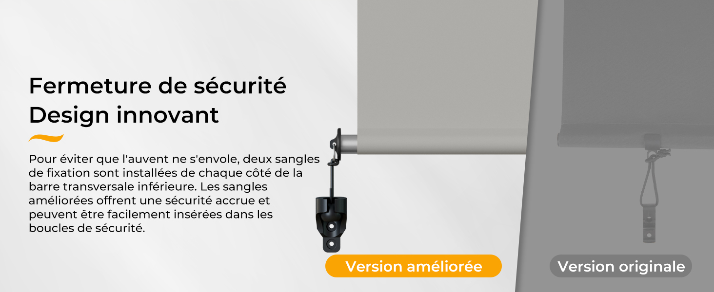 Le texte indique « Fermeture de sécurité Design innovant ». Schéma technique ou manuel d'instructions présentant les détails du mécanisme de fermeture de sécurité.